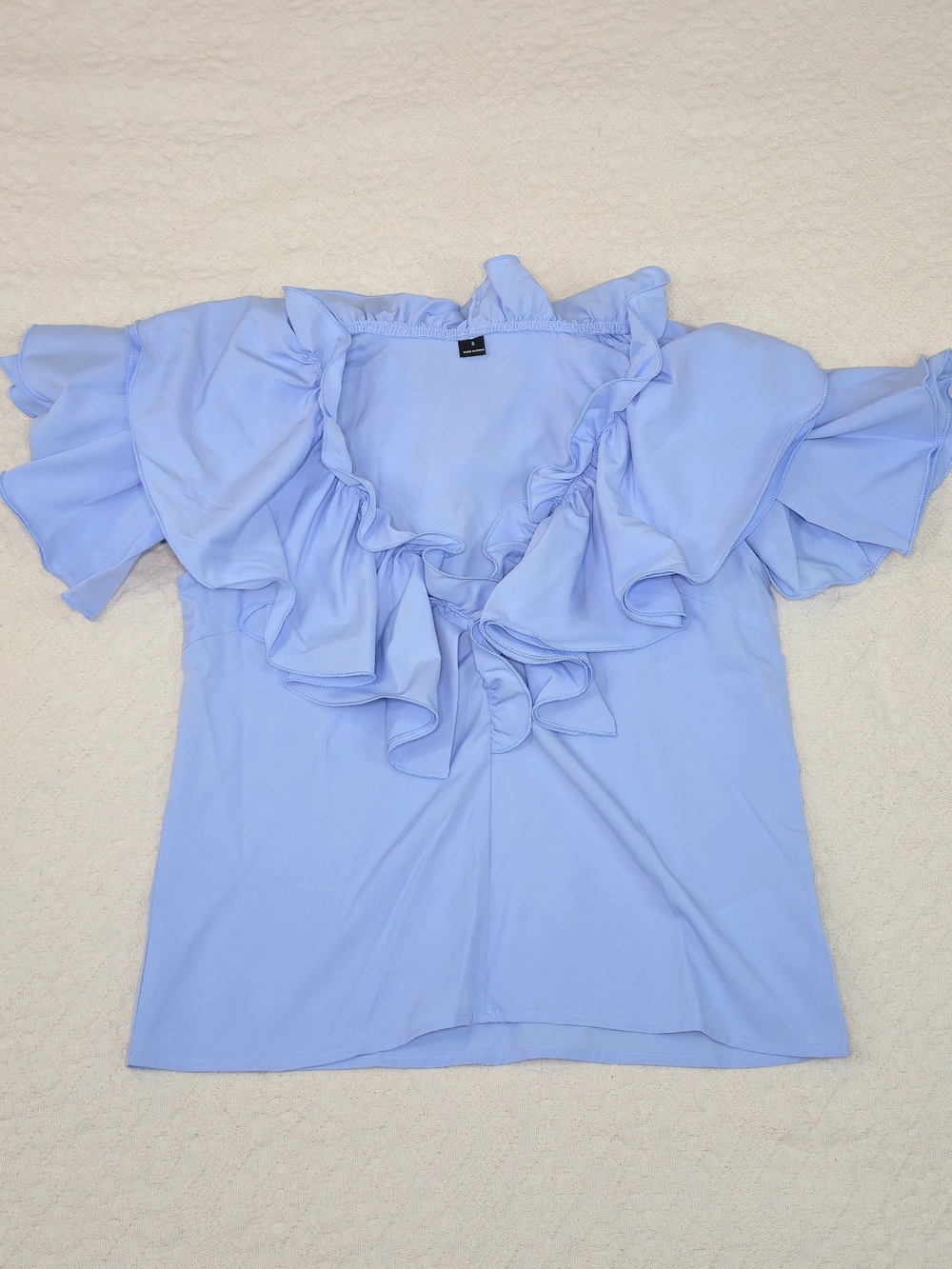 SHEIN Womens Light Blue Ruffle V-Neck Top Blouse Size S Short Sleeve Casual Cute